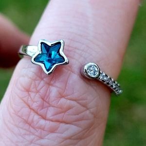 Crystal Blue Shooting Star Diamond 925 Silver Resizable Ring